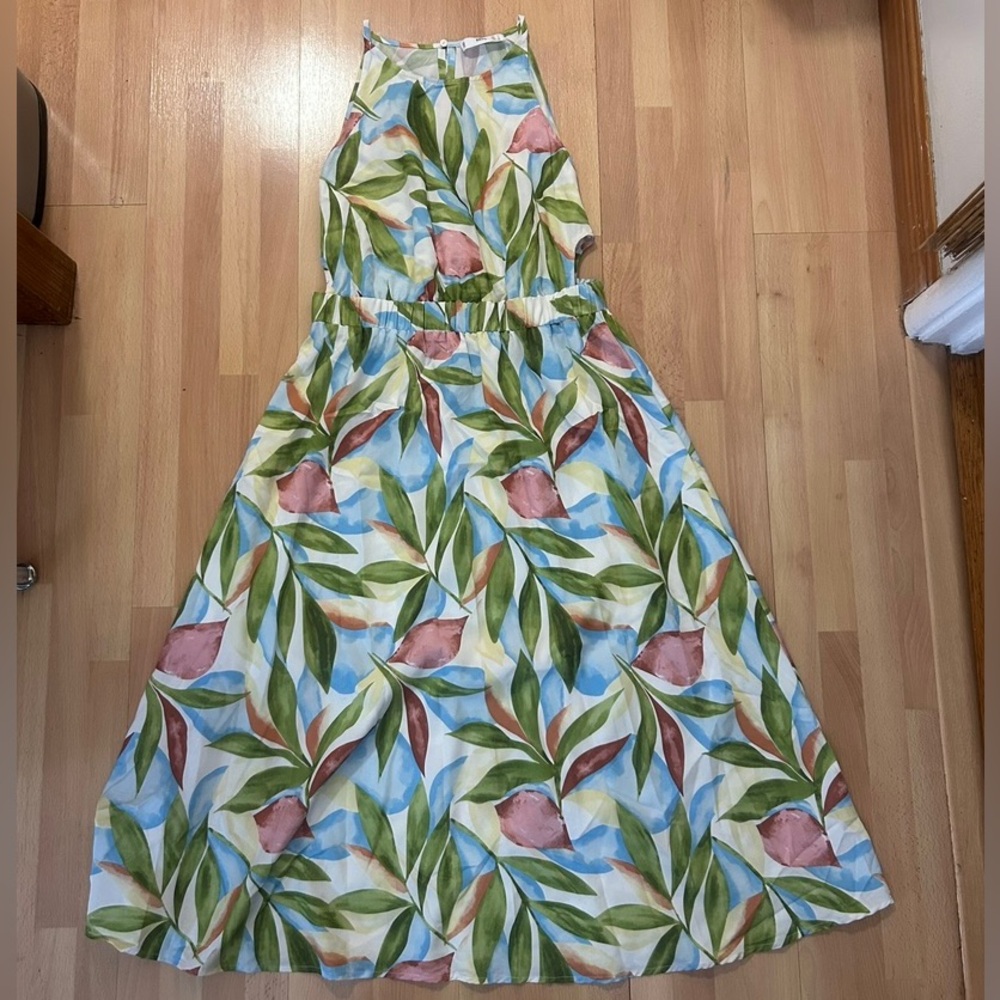 Tropical Leaf Print Maxi Dress in Green & Pink